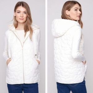 NWT CHARLIE B Quilted Puffer Vest Hearts Ecru Cream White Hood Small Medium